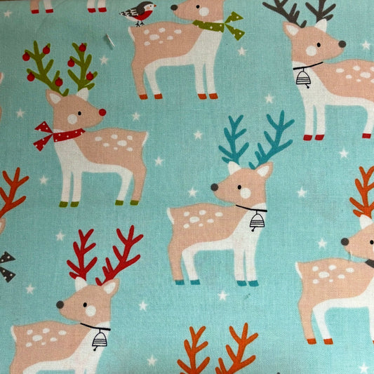 Reindeers With Multi Coloured Antlers on Blue - Christmas Party - Dashwood Studio Cotton Fabric ✂️ £13 pm