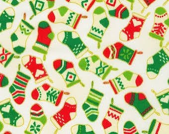 Gold Metallic Stockings White - Holiday Charms - Robert Kaufman Cotton Fabric ✂️ £14 pm