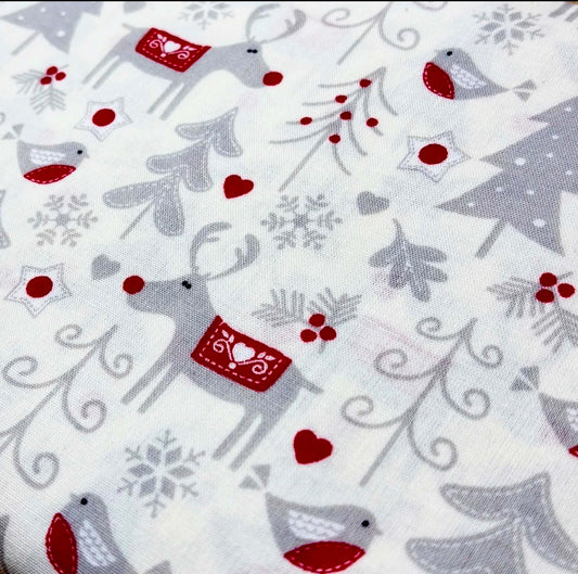 Rudolph, Trees And Robins on White - Rose And Hubble Extra Wide Cotton Fabric ✂️ £8 pm *SALE*