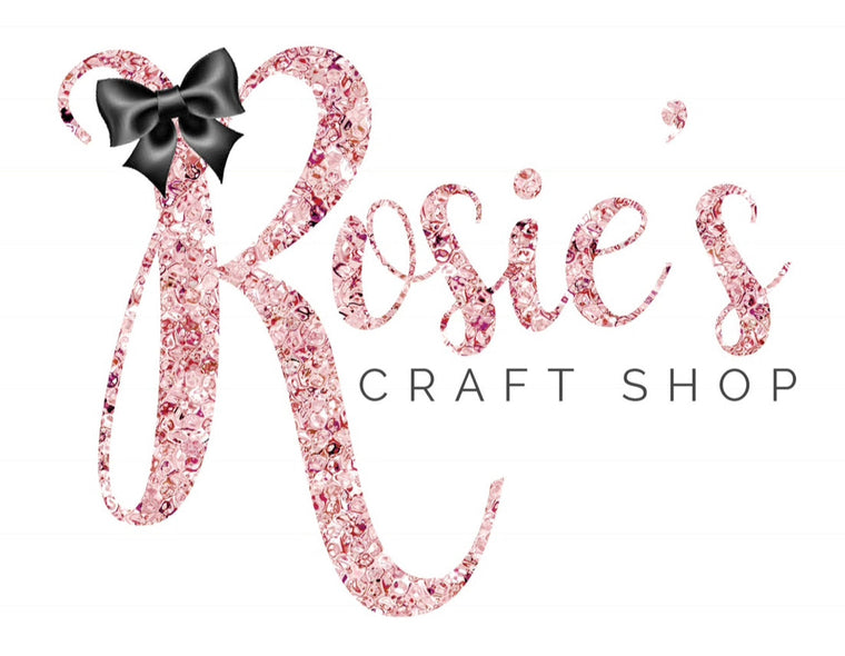 Logo of Rosie's Craft Shop with a pink glittery text and black bow on a white background