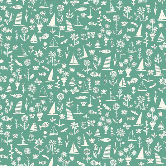 Green Fish & Boats Riviera Sealife - Riviera Collection - Liberty Cotton Fabric ✂️ £10 pm *SALE*