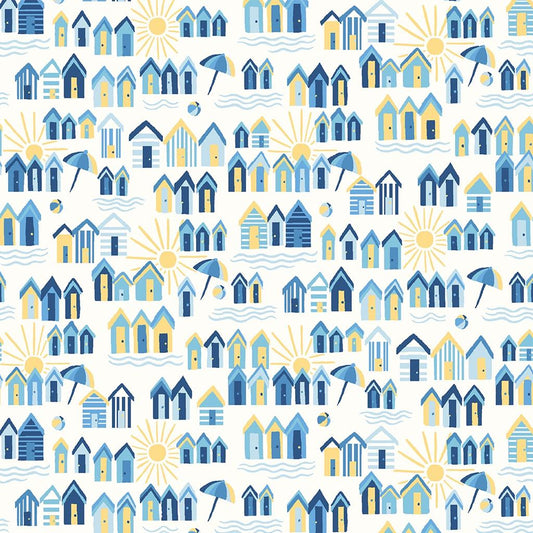 Blue & Yellow Riviera Sunny Days Beach Huts - Riviera Collection - Liberty Cotton Fabric ✂️ £10 pm *SALE*