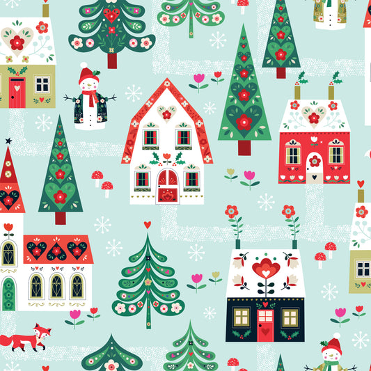 Christmas Houses on Blue - Nordic Noel - Dashwood Studio Cotton Fabric ✂️ £13 pm