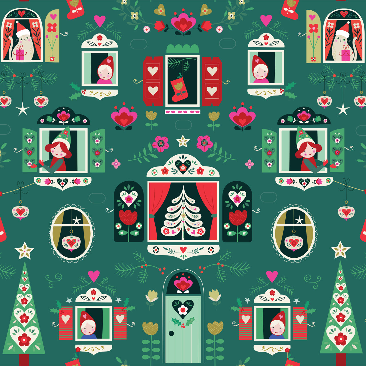Christmas Windows on Green - Nordic Noel - Dashwood Studio Cotton Fabric ✂️ £13 pm