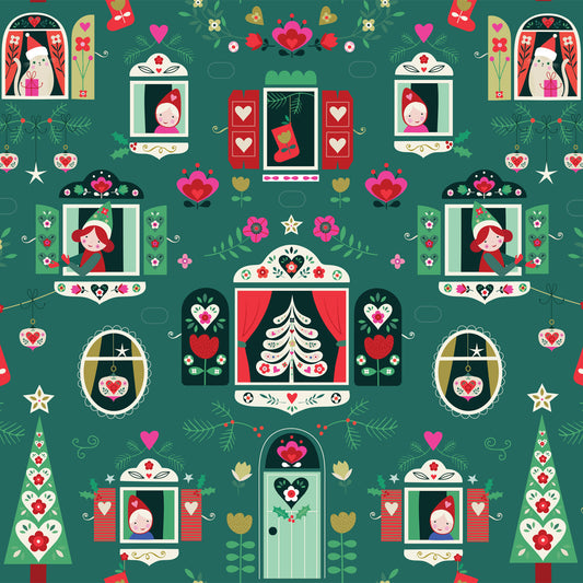 Christmas Windows on Green - Nordic Noel - Dashwood Studio Cotton Fabric ✂️ £13 pm
