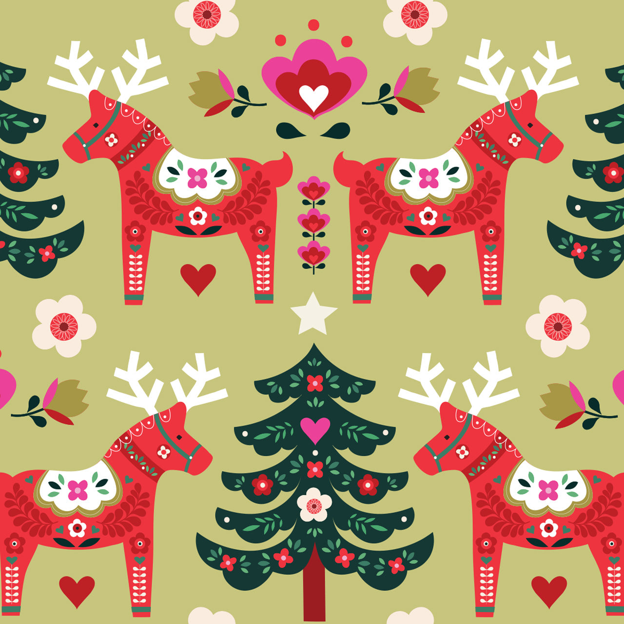 Horses and Trees on Green - Nordic Noel - Dashwood Studio Cotton Fabric ✂️ £13 pm ☆