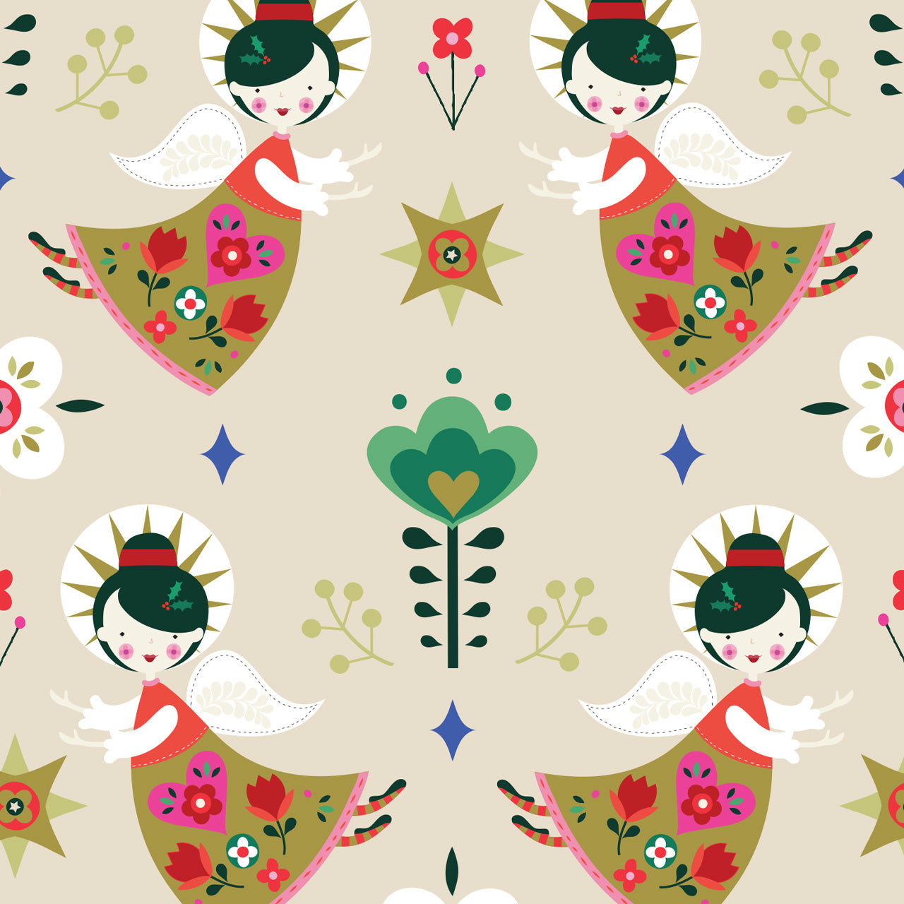 Christmas Angels on Cream - Nordic Noel - Dashwood Studio Cotton Fabric ✂️ £13 pm