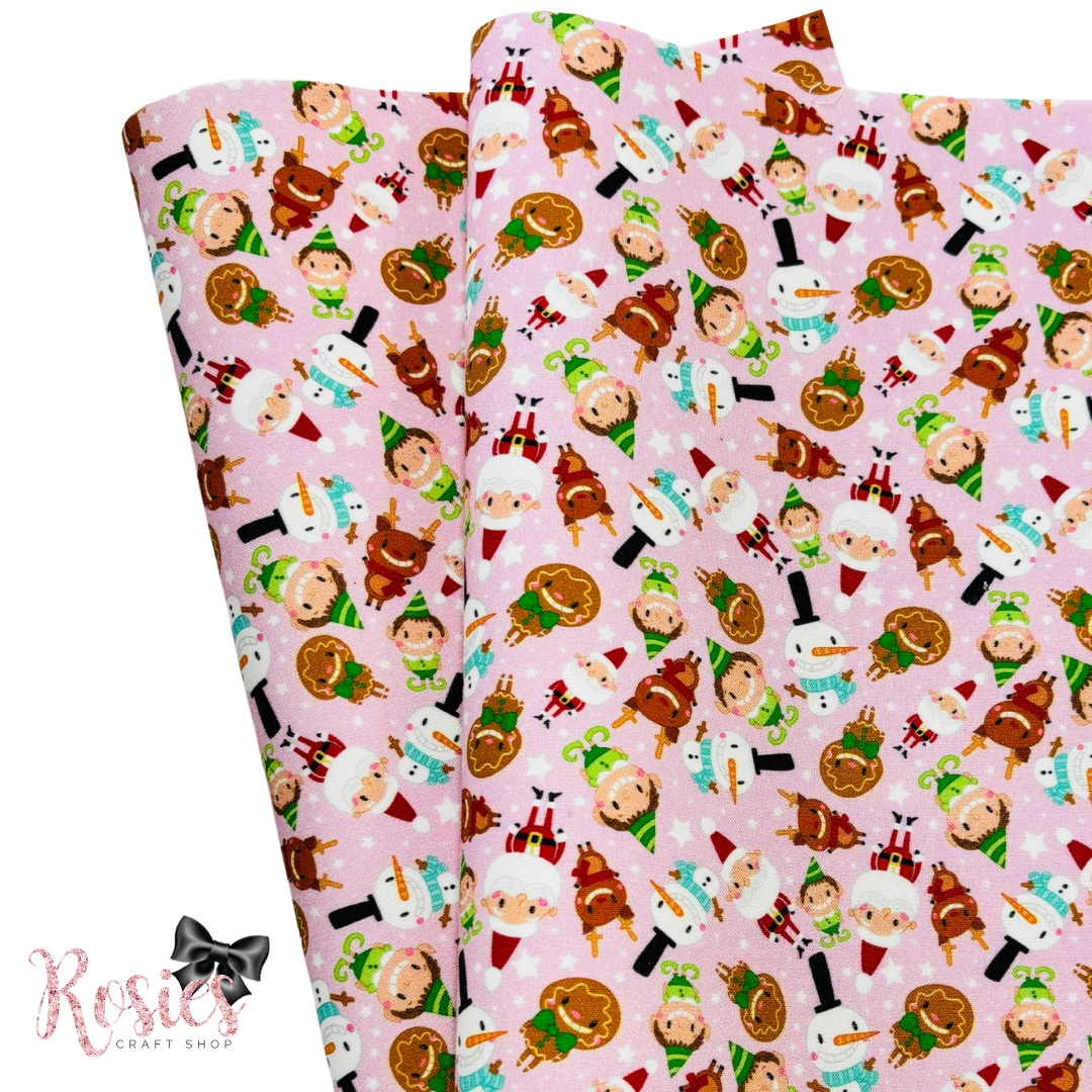 Pink Santa & Friends Christmas Fabric Felt | Reindeer & Elves | Felt Backed Fabric | Bows & Die Cutting