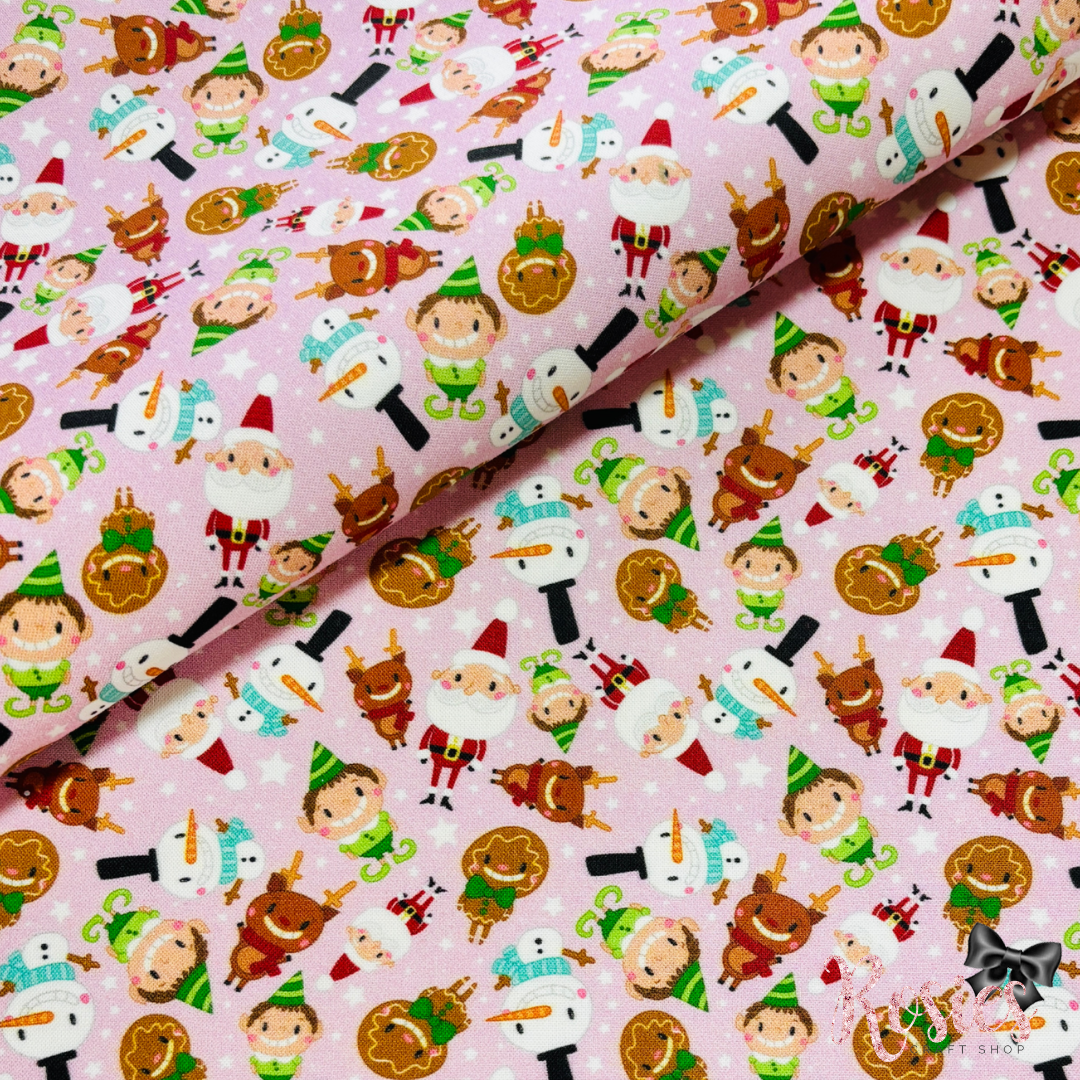 Pink Santa & Friends Christmas Fabric Felt | Reindeer & Elves | Felt Backed Fabric | Bows & Die Cutting