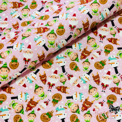 Pink Santa & Friends Christmas Fabric Felt | Reindeer & Elves | Felt Backed Fabric | Bows & Die Cutting