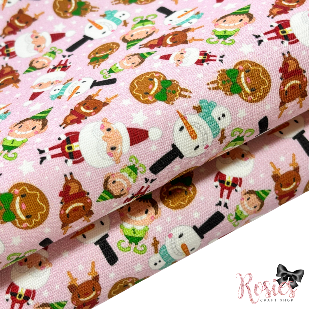 Pink Santa & Friends Christmas Fabric Felt | Reindeer & Elves | Felt Backed Fabric | Bows & Die Cutting