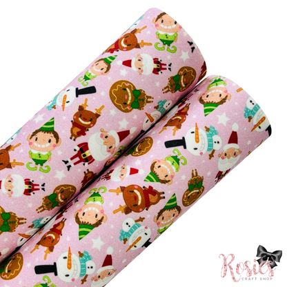 Pink Santa & Friends Christmas Fabric Felt | Reindeer & Elves | Felt Backed Fabric | Bows & Die Cutting