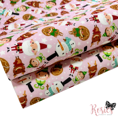 Pink Santa & Friends Christmas Fabric Felt | Reindeer & Elves | Felt Backed Fabric | Bows & Die Cutting