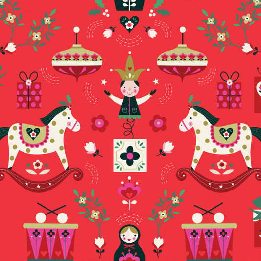 Rocking Horses and Christmas Toys on Red - Nordic Noel - Dashwood Studio Cotton Fabric ✂️ £13 pm