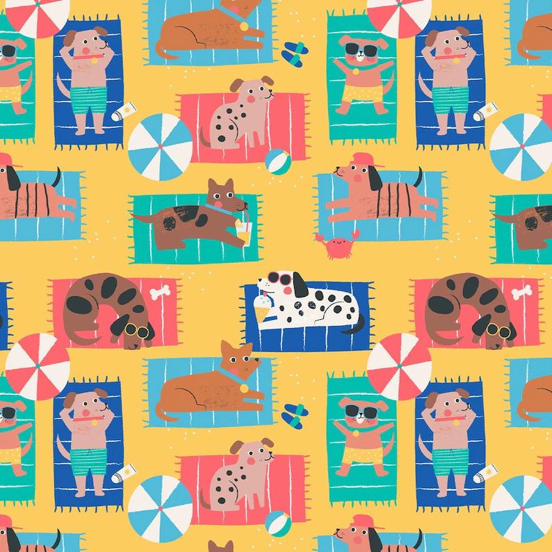 Sunbathing Dogs on the Beach! - Pool Party -  Dashwood Studio Cotton Fabric ✂️ £13 pm