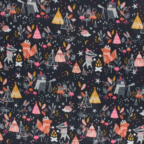 Woodland Animals Camp Fires Black - Under The Stars - Dashwood Studio Cotton Fabric ✂️ £9 pm *SALE*