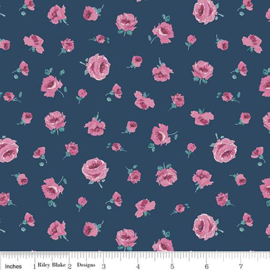 REMNANT 50x55cm Mary Rose Navy with Pink Roses - The Flower Show Midnight Garden Collection - Liberty Cotton Fabric ✂️