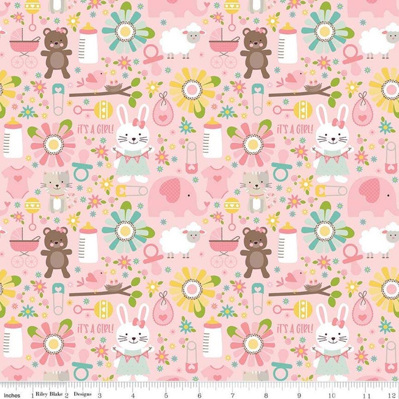 Teddy Bears & Flowers Baby Girl Main Pink - Sweet Baby Girl - Riley Blake Cotton Fabric ✂️ £9 pm *SALE*