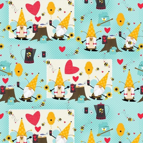 Gnomes, Honey Pots and Hives on Turquoise Gonks - Honey Bee Gnomes - Studio E Cotton Fabric ✂️ £10 pm *SALE*