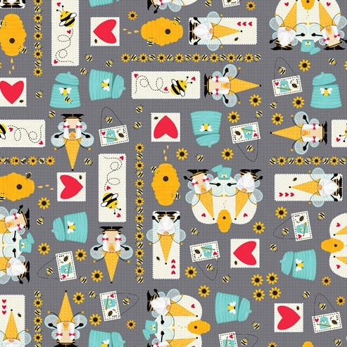 Stickers, Honey Pots and Hives on Turquoise Gonks - Honey Bee Gnomes - Studio E Cotton Fabric ✂️