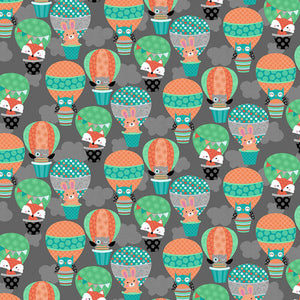Woodland Animals in Hot Air Balloons Charcoal - Owl's Woodland Adventure - Studio E Cotton Fabric