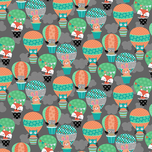 Woodland Animals in Hot Air Balloons Charcoal - Owl's Woodland Adventure - Studio E Cotton Fabric