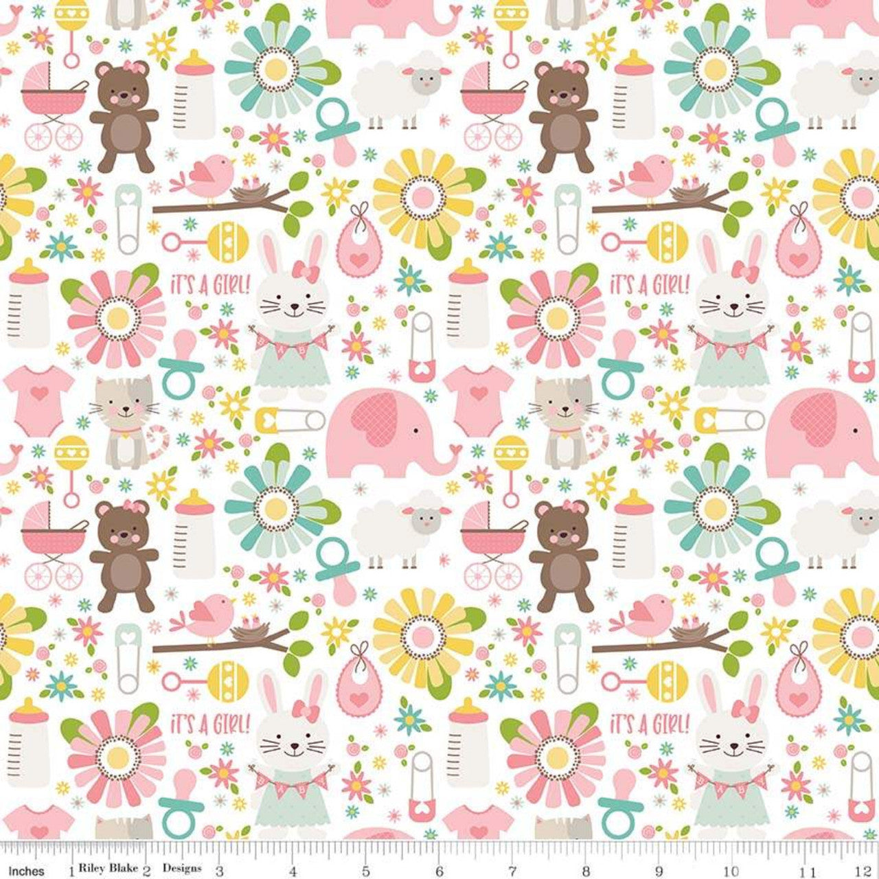 Teddy Bears & Flowers Baby Girl Main Mint - Sweet Baby Girl - Riley Blake Cotton Fabric ✂️