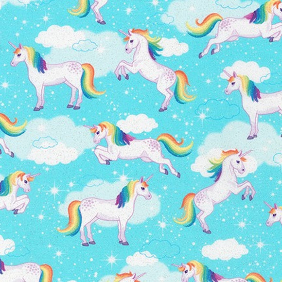 Unicorn Aqua - Enchanted Unicorns - Robert Kaufman Glitter Cotton Fabric