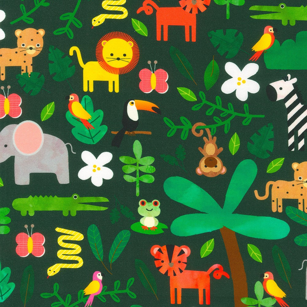 Jungle Animals on Black - Rainforest Friends - Robert Kaufman Cotton Fabric ✂️ £13 pm