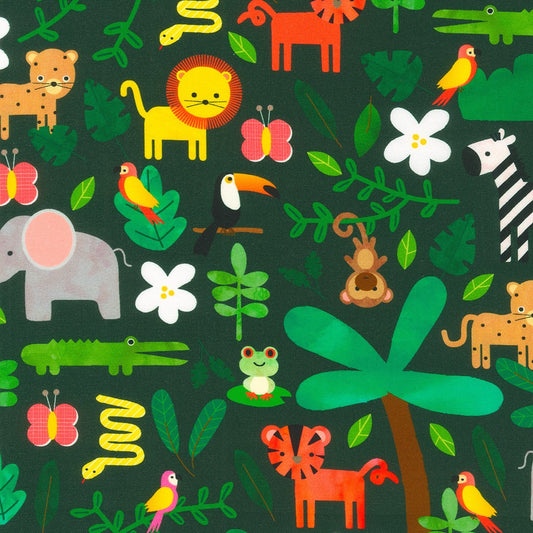 Jungle Animals on Black - Rainforest Friends - Robert Kaufman Cotton Fabric ✂️ £13 pm