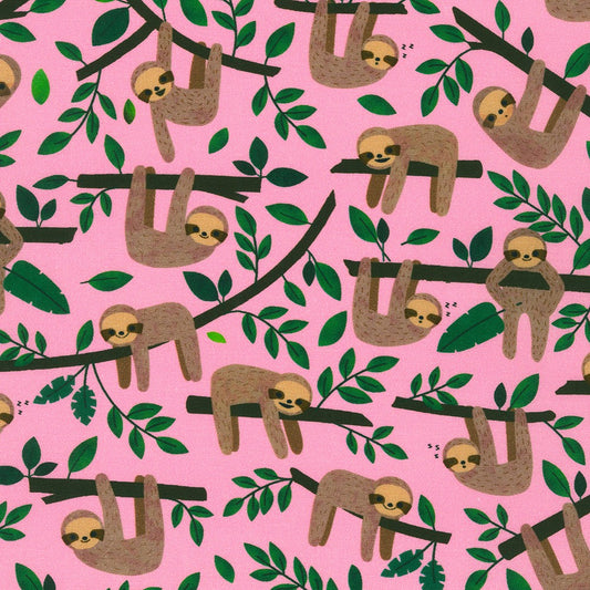 Sloths on Pink - Rainforest Friends - Robert Kaufman Cotton Fabric ✂️ £13 pm
