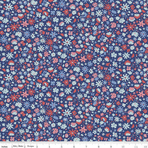 Bloomsbury Blossom Blue & Red Flowers - Liberty Carnaby Collection Cotton Fabric ✂️ £15 pm