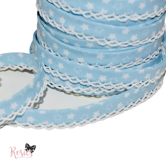 12mm Baby Blue with White Stars Pre-Folded Bias Binding with Scallop Lace Edge