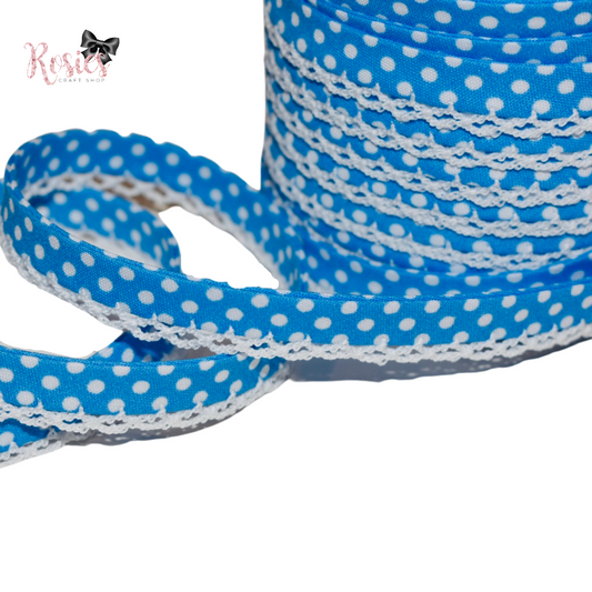 12mm Bright Blue with White Polka Dots Pre-Folded Bias Binding with Scallop Lace Edge