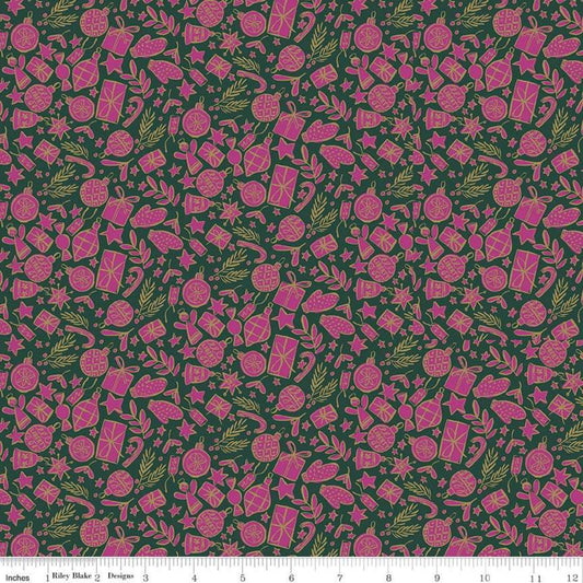 Festive Cheer Gold Metallic on Green/Pink by Liberty - Fabric Felt