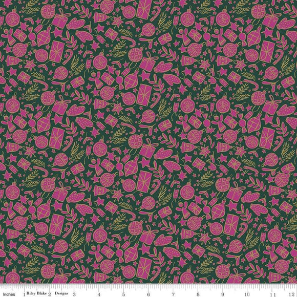 Festive Cheer Gold Metallic on Green/Pink - Liberty Season's Greetings Collection