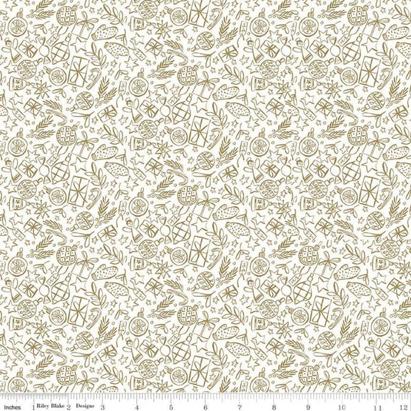 Festive Shine Gold Metallic on White - Liberty Season's Greetings Collection
