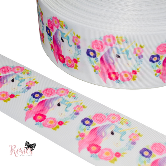 2" Unicorn in Floral Frame Printed Grosgrain Ribbon 50mm