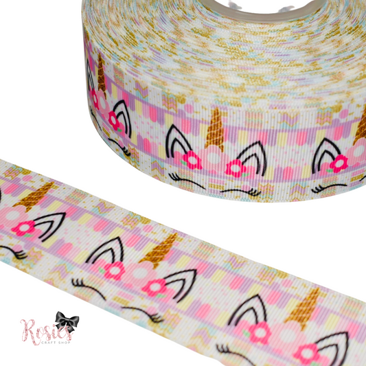 2" Gold Sleepy Unicorn Printed Grosgrain Ribbon 50mm