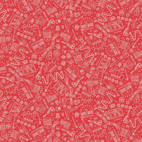 White Sewing Supplies on Red - Sat It With A Stitch - Henry Glass Cotton Fabric ✂️