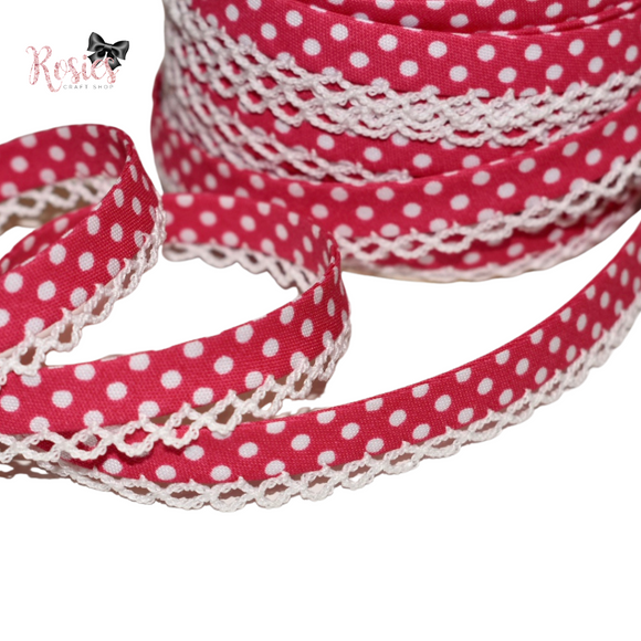 12mm Hot Pink with White Polka Dots Pre-Folded Bias Binding with Scallop Lace Edge