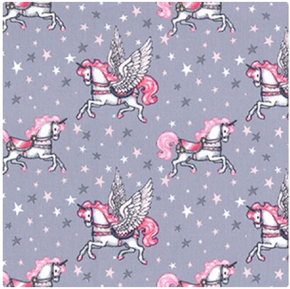 Pegasus The Unicorn on Grey 100% Cotton Fabric - Rosie's Craft Shop Ltd