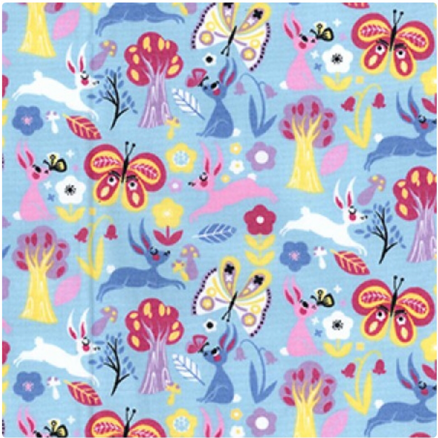 Bunnies and Butterflies on Blue 100% Cotton Fabric - Rosie's Craft Shop Ltd