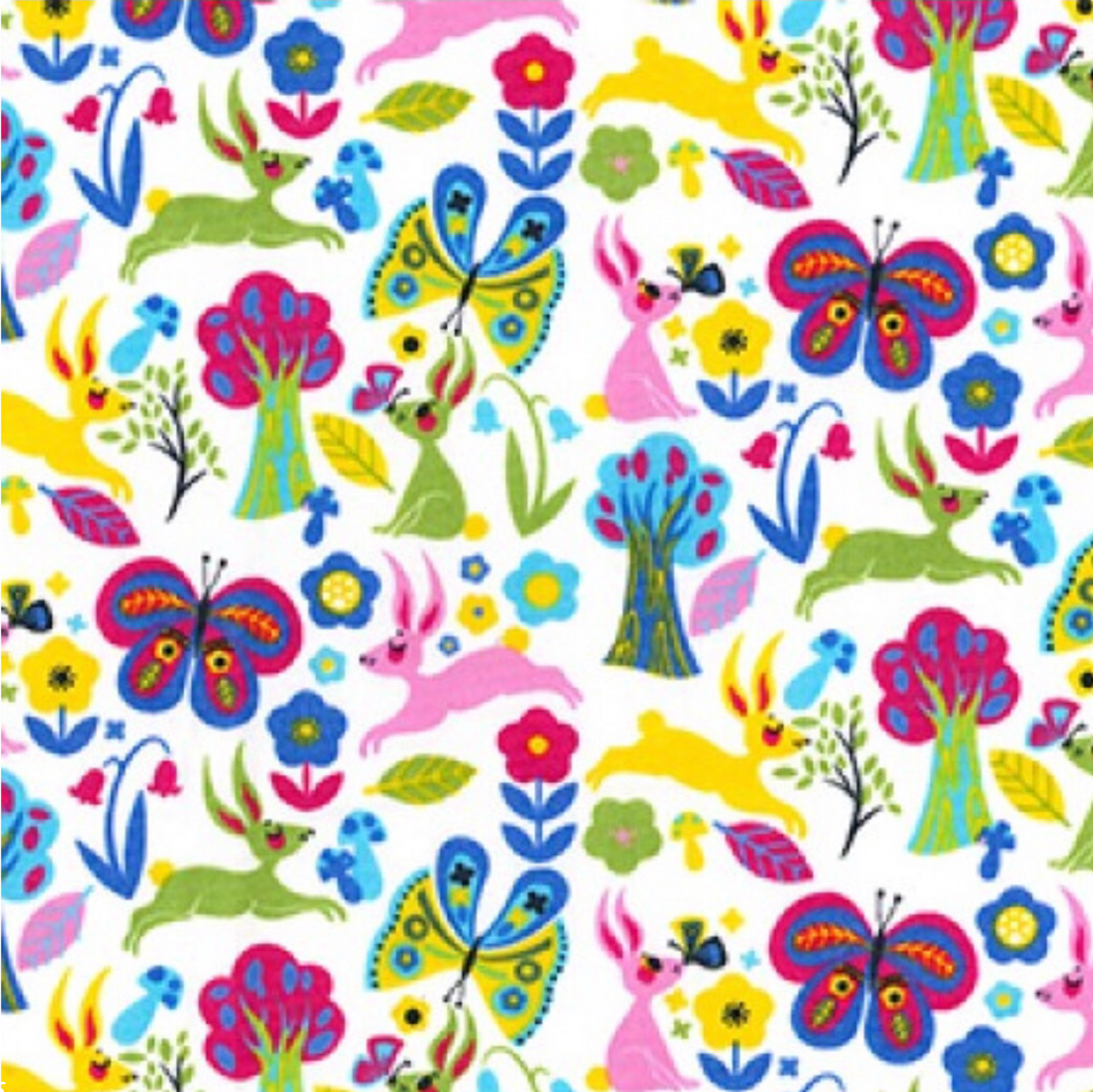 Bunnies and Butterflies on Ivory 100% Cotton Fabric - Rosie's Craft Shop Ltd