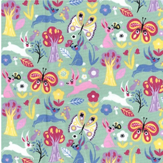 Bunnies and Butterflies on Green 100% Cotton Fabric - Rosie's Craft Shop Ltd