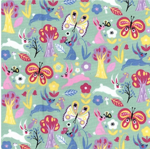 Bunnies and Butterflies on Green 100% Cotton Fabric - Rosie's Craft Shop Ltd