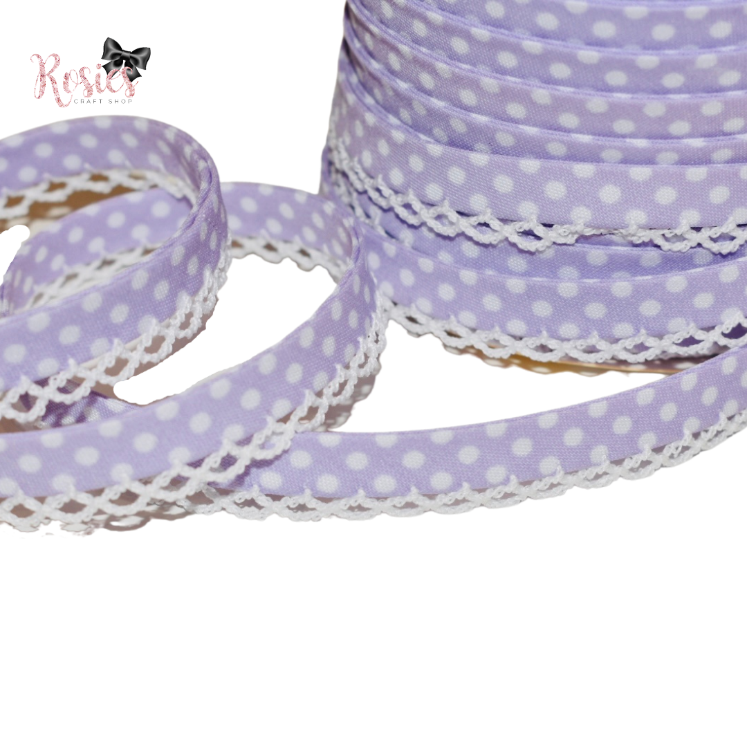 12mm Lilac with White Polka Dots Pre-Folded Bias Binding with Scallop Lace Edge