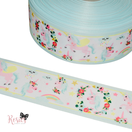 2" Unicorns with Mint Border Printed Grosgrain Ribbon 50mm