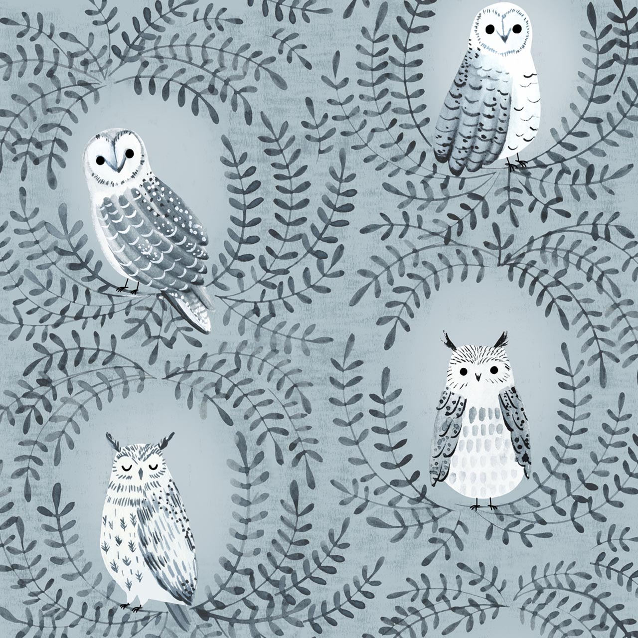 Nightfall Owls with Foliage Grey - Nightfall - Dashwood Studios Cotton Fabric ✂️ £13 pm