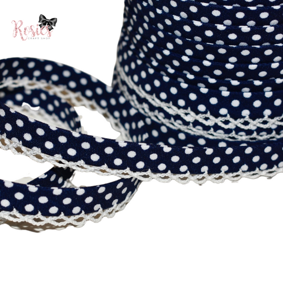 12mm Navy Blue with White Polka Dots Pre-Folded Bias Binding with Scallop Lace Edge